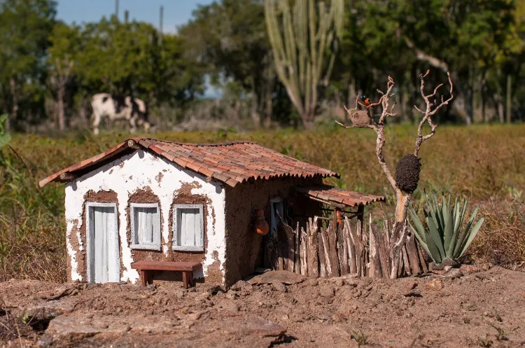Miniaturas das casas antigas do sertão baiano em meio à natureza.