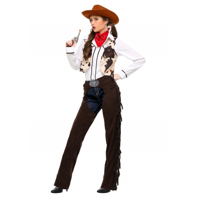 Fantasia feminina cowgirl com calça country, representando o estilo cowboy.