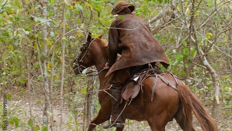 Traje tradicional de vaqueiro nordestino com chapéu de couro, camisas de manga longa e botas.