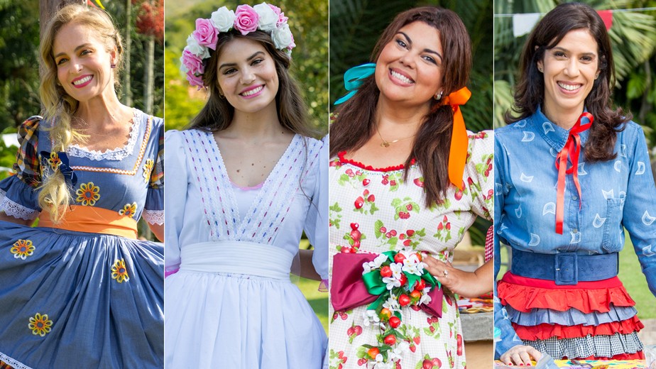 Festa Junina caipira com decoração típica e pessoas vestindo roupas tradicionais.
