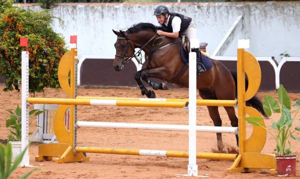 Cavalo em uma competição de hipismo com cavaleiros em trajes country