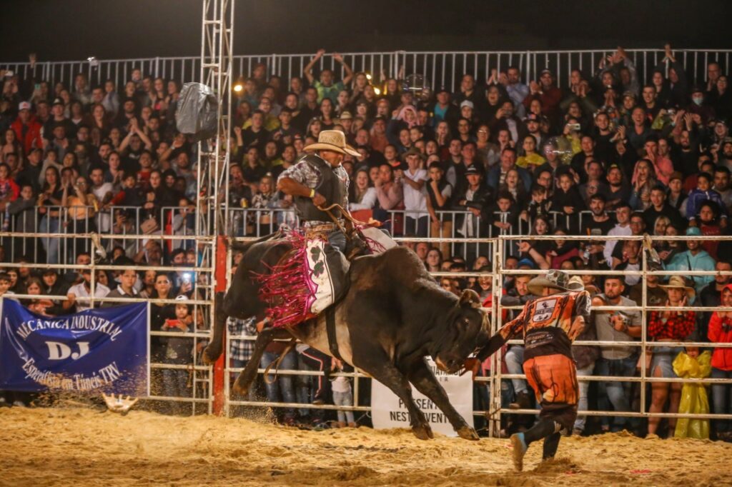 Cavaleiro em um rodeio, mostrando habilidade e tradição da cultura country.