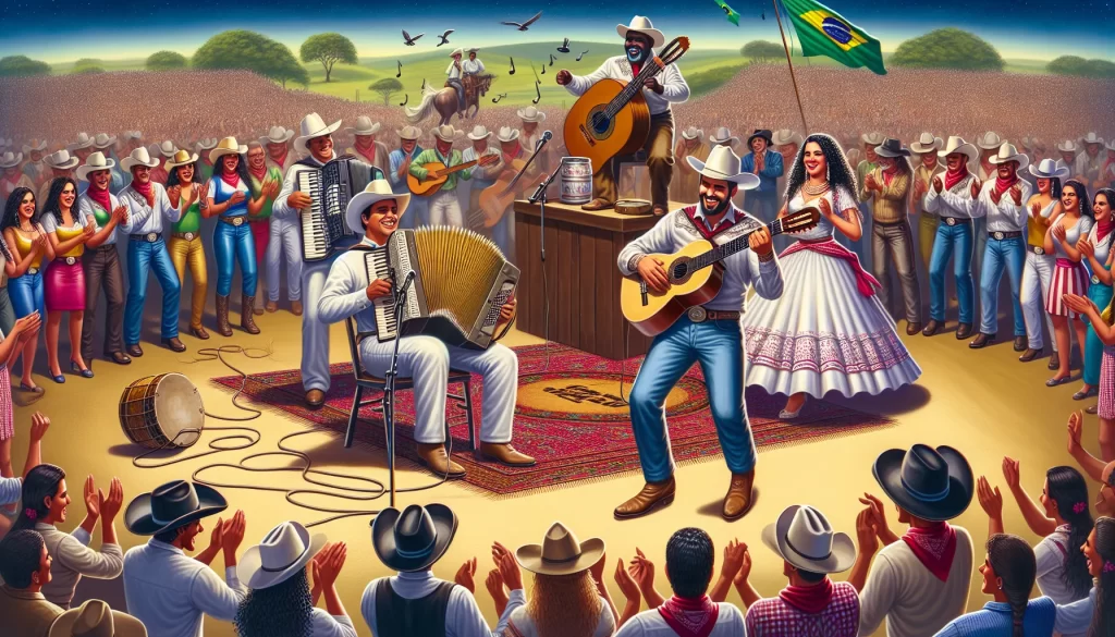 Imagem representativa das tradições do Sertanejo com elementos culturais como chapéus de cowboy, violões e paisagens do interior.