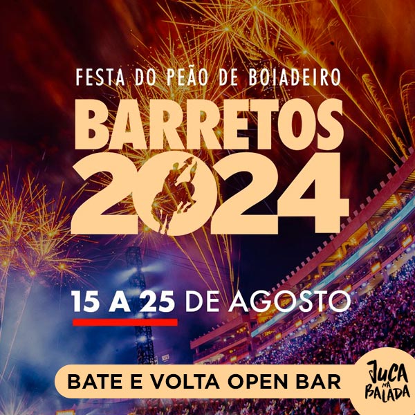 Cavaleiros e cowgirls se apresentam durante o Rodeio de Barretos 2024, com o público aplaudindo e bandeiras ao fundo.