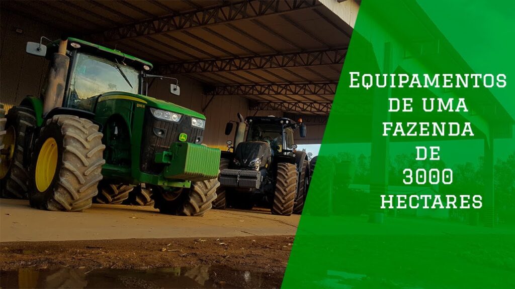 Equipamentos de fazenda alinhados em um campo aberto sob um céu azul, representando a importância da tecnologia na agricultura.