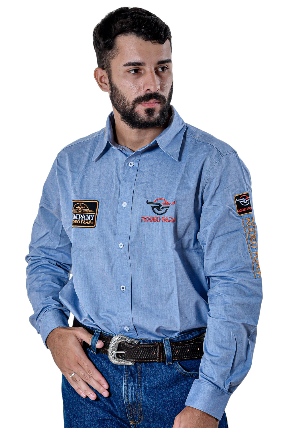 Camisa Country Masculina Plus Size Bordada Azul da Rodeo Farm