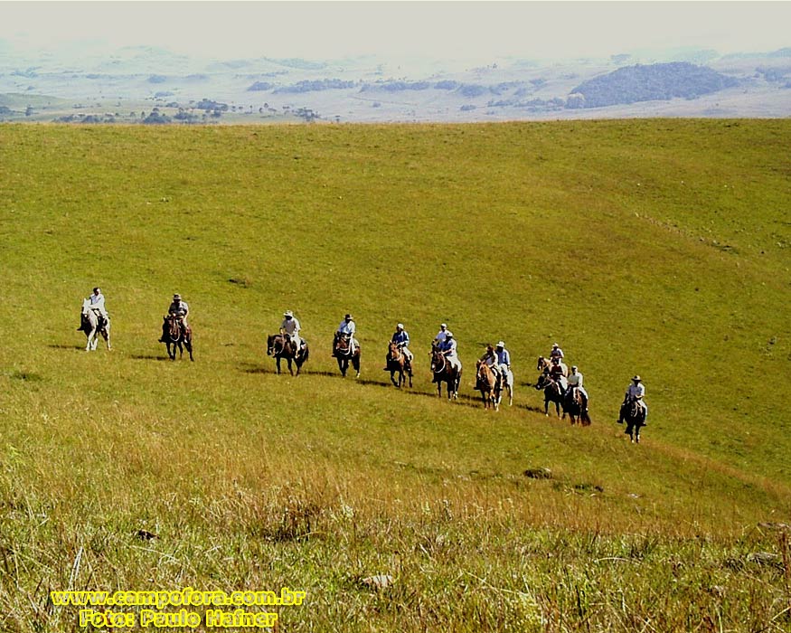 Cavalgada no campo com cavaleiros em trajes tradicionais, rodeados pela natureza.