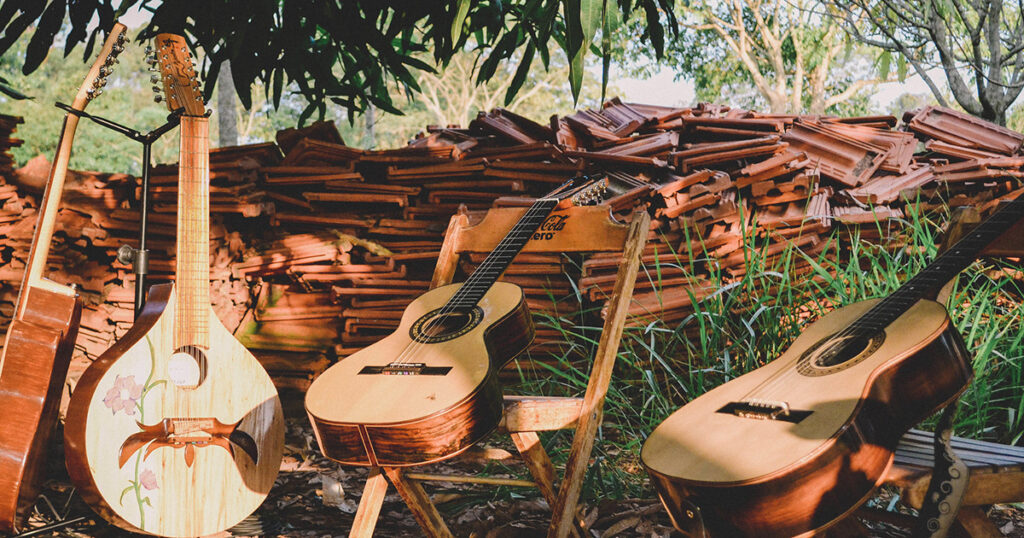 Um típico cenário da cultura caipira com uma fazenda no fundo e elementos rurais, simbolizando a vida no campo.