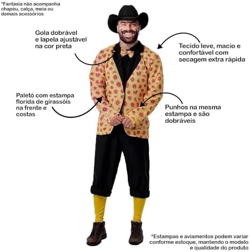Homem vestido com roupas tradicionais de caipira, incluindo um blazer, para festa junina.