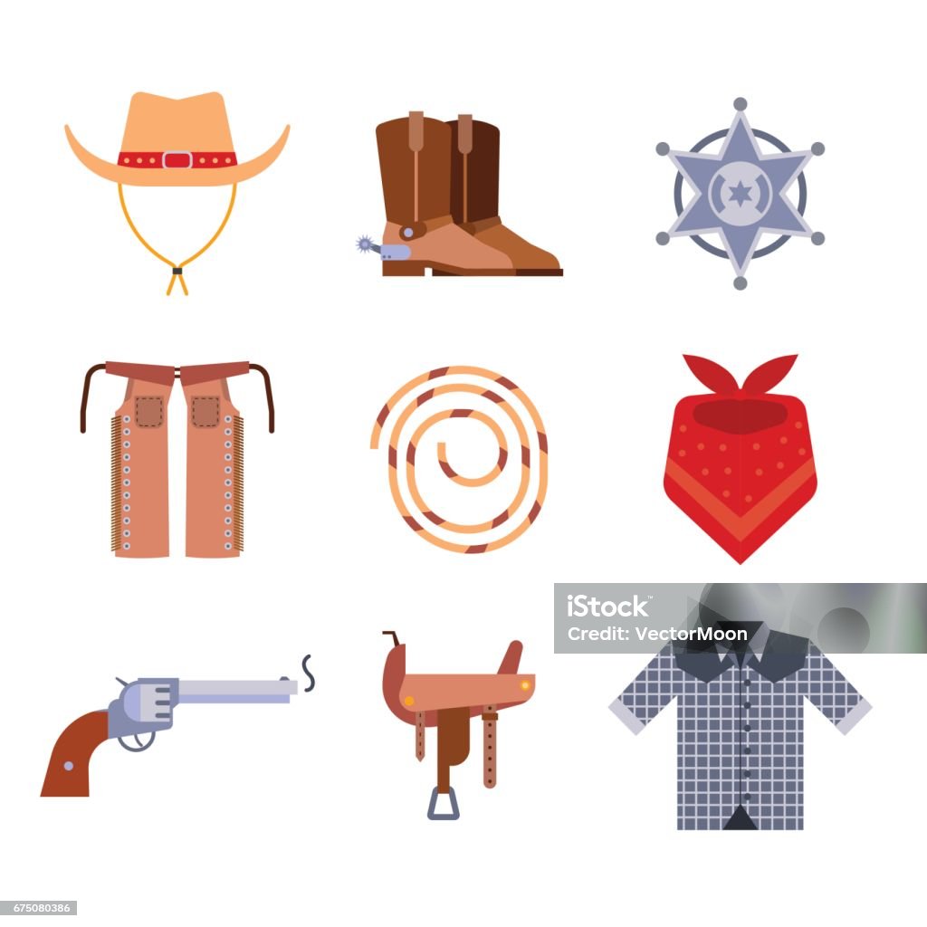 Conjunto de ícones de equipamentos de cowboy e acessórios do Velho Oeste em estilo vetorial.