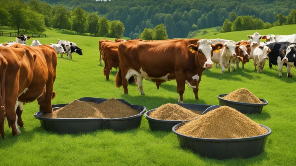 Gado de corte pastando em uma fazenda country, simbolizando uma boa alimentação e cuidados essenciais.