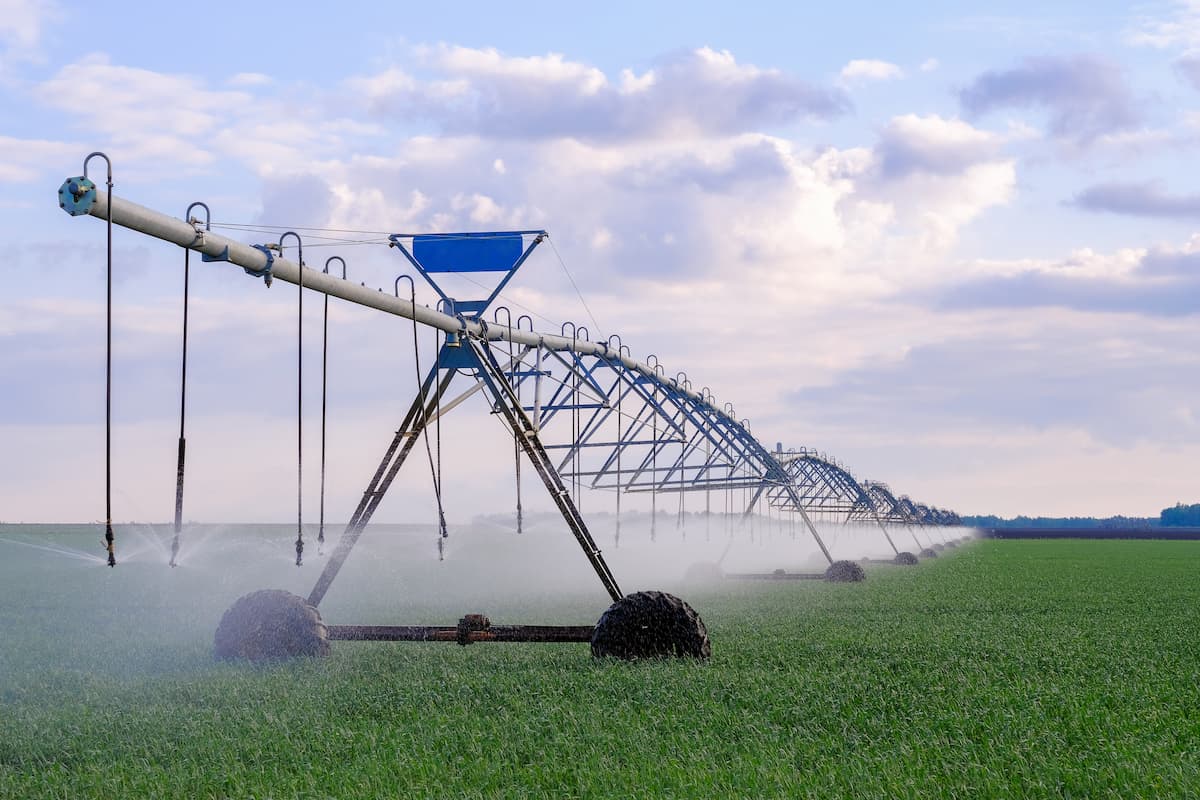 Uma fazenda country com um sistema de irrigação eficiente ao fundo sob um céu azul.