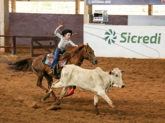 Competição de laço e cutucada com cowboys em ação, retratando a tradição country.