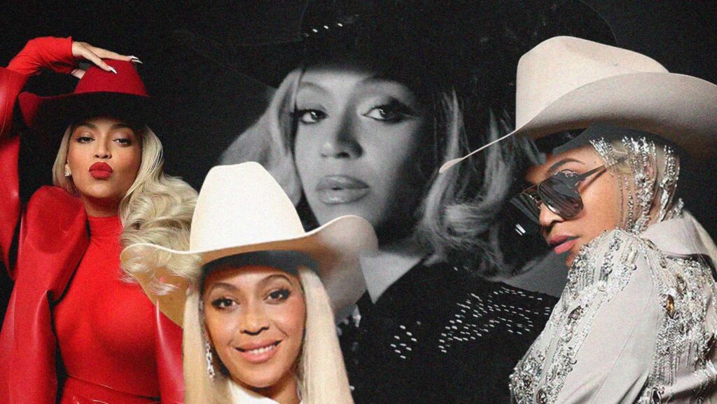 Beyoncé se apresentando em um estilo country, incorporando elementos da cultura country com influências modernas.