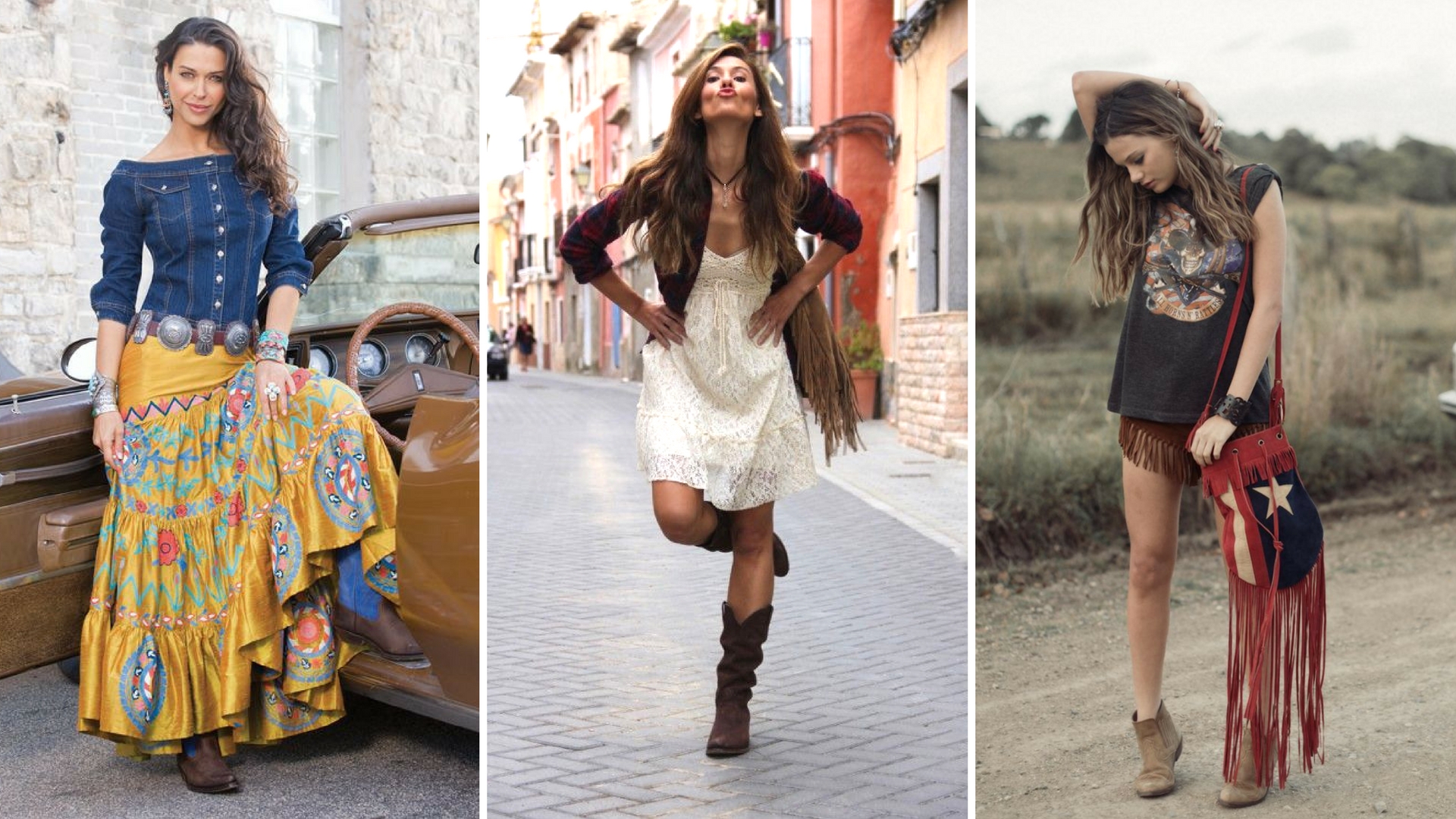 Estilo Folk Country com elementos de moda boho, incluindo roupas e acessórios tradicionais