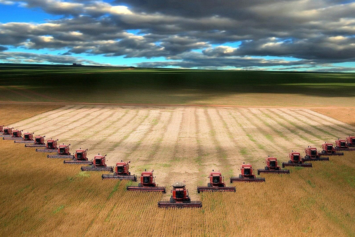 Fazenda com maquinário moderno realizando colheita de grãos sob um céu azul claro.