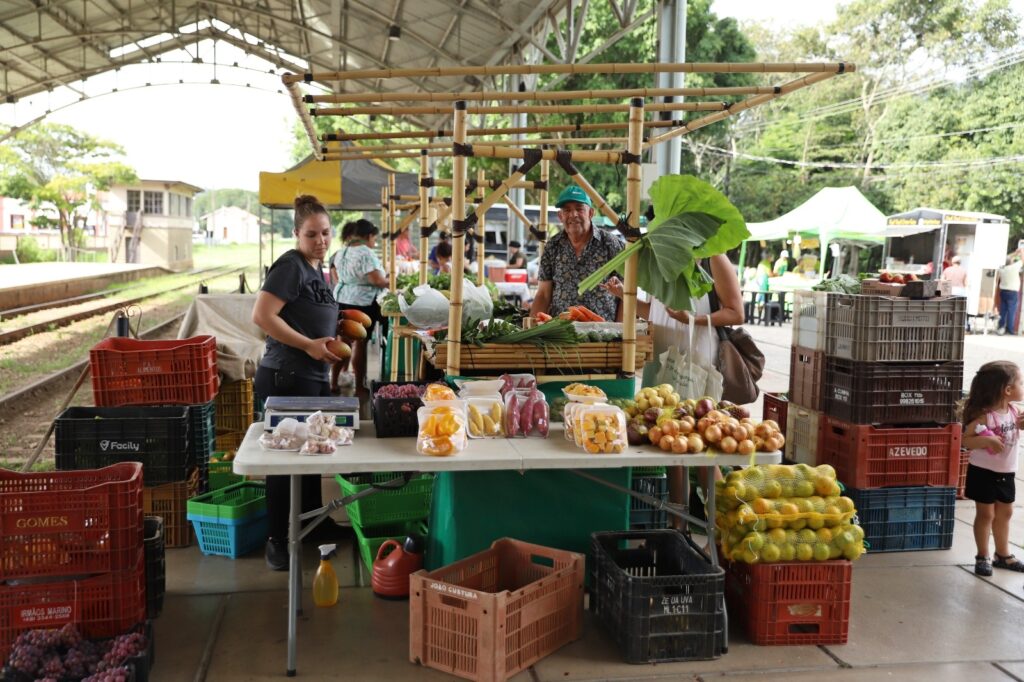 Feira de Artesanato Rural com várias barracas coloridas e produtos artesanais expostos.