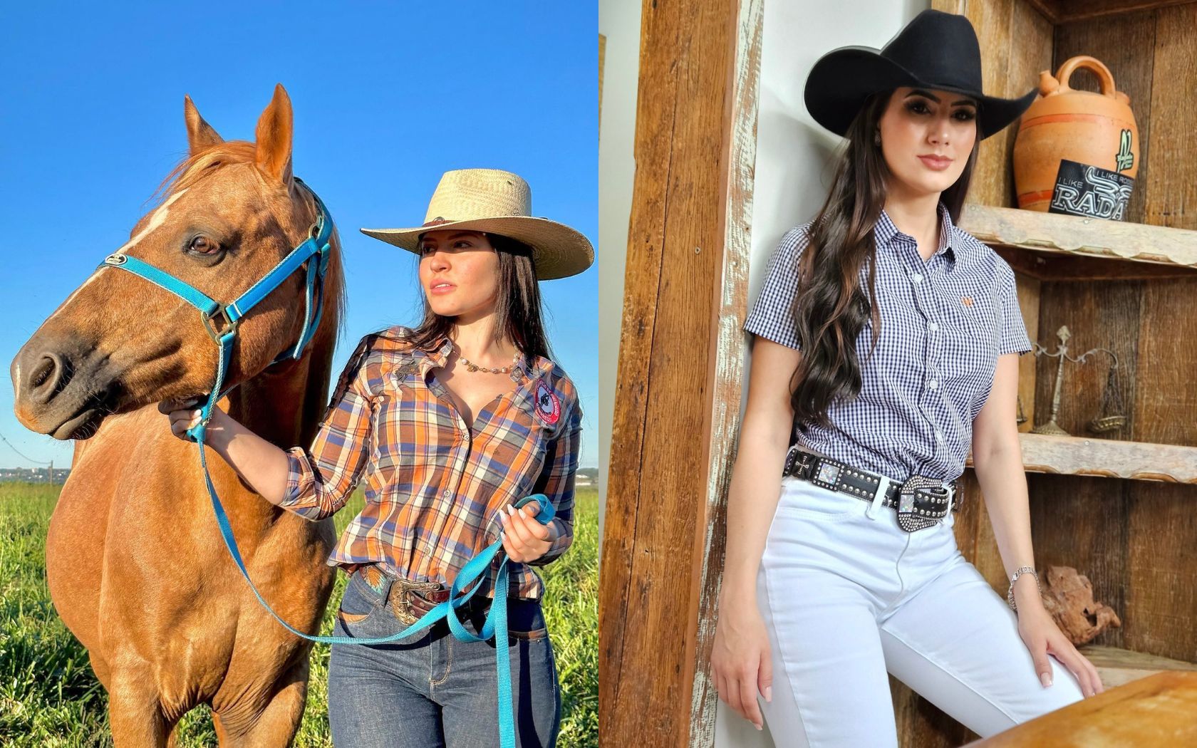 Look cowgirl com roupas de cowboy, destacando o estilo country feminino.