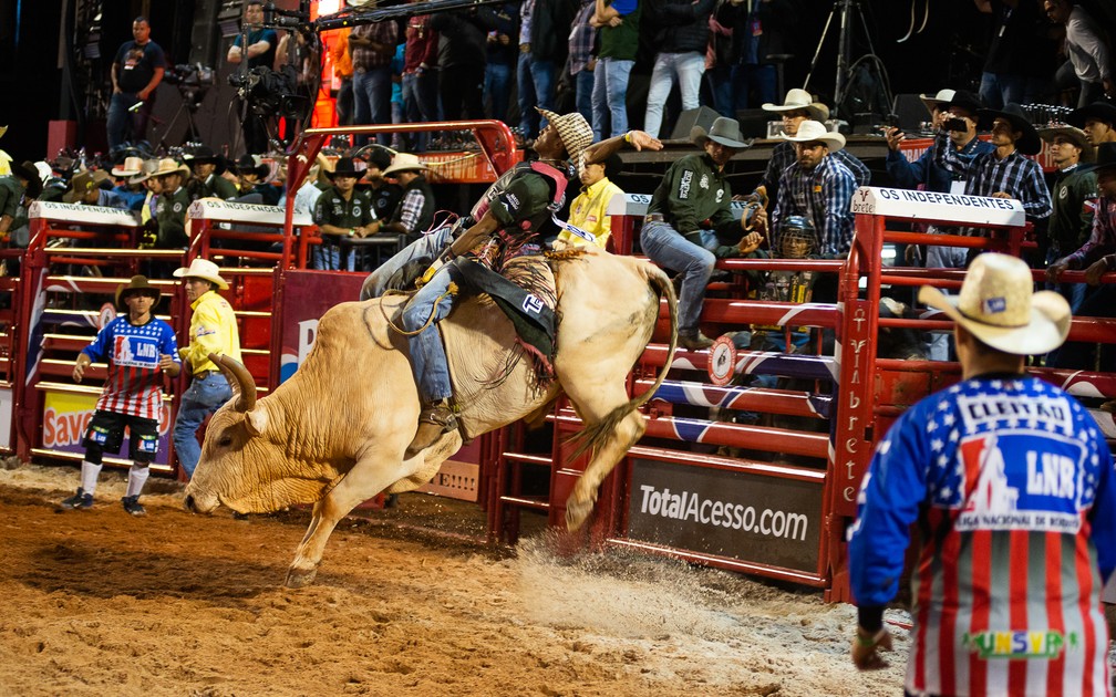 Imagem de um rodeio, com cowboys montando bois em uma arena, refletindo a cultura country.