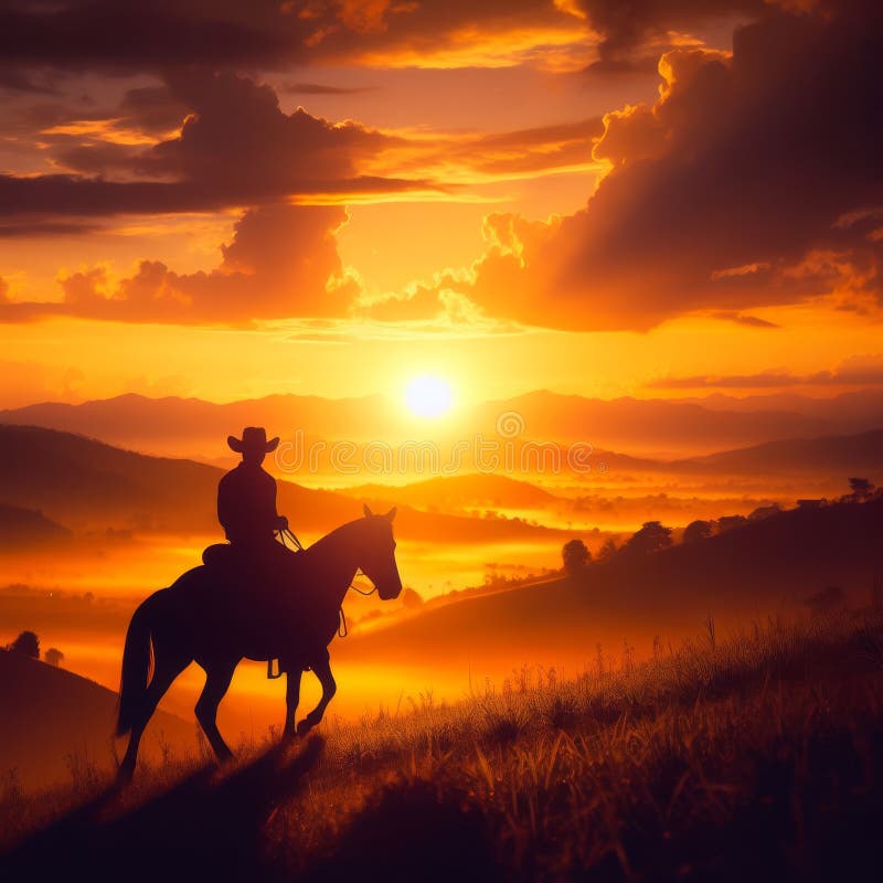 Um cowboy cavalgando ao amanhecer em uma paisagem country.