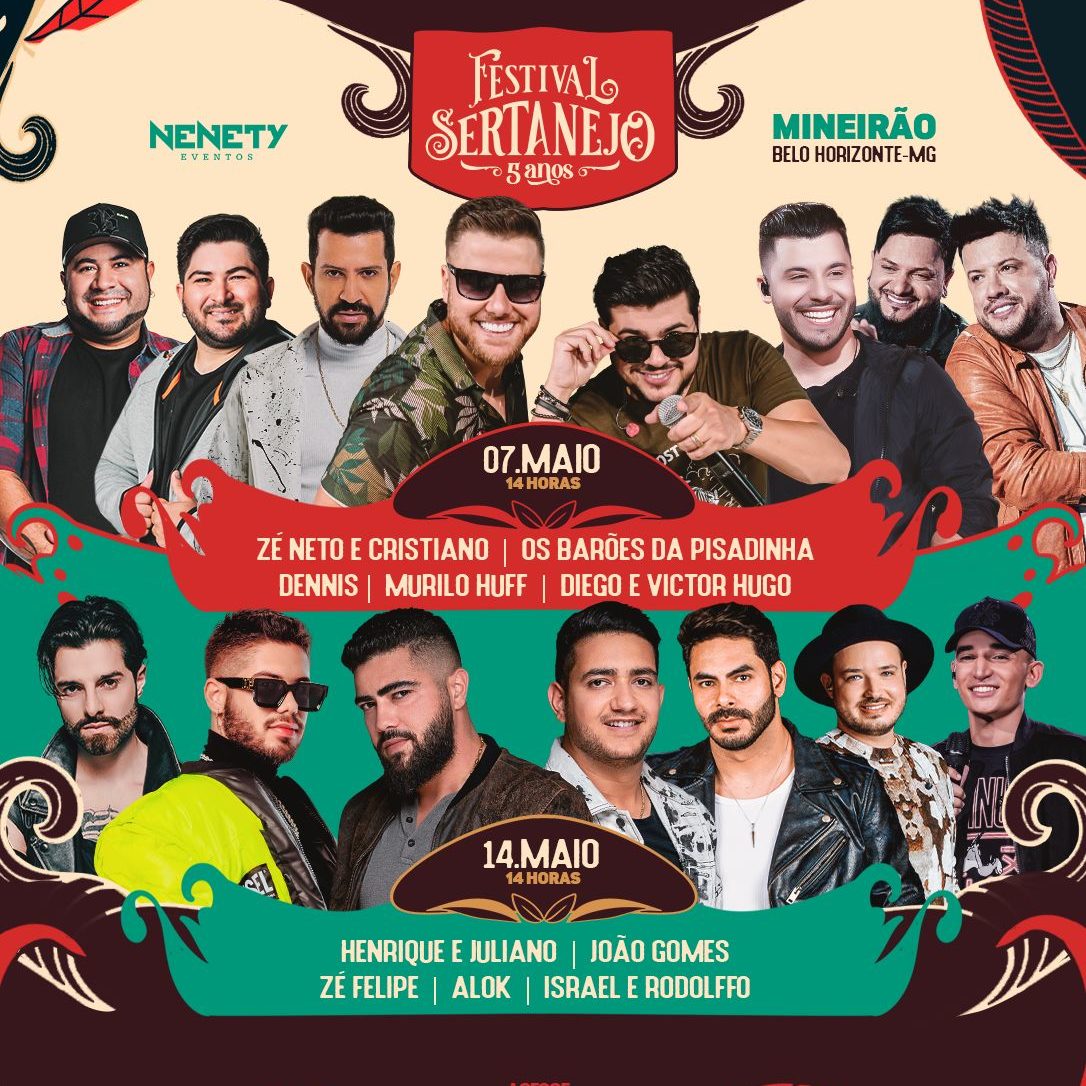 Atrações do Festival Sertanejo em BH com artistas famosos da música country brasileira.