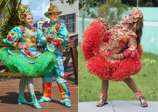 Conjunto de roupas típicas do campo, mostrando o estilo country tradicional em um ambiente festivo.