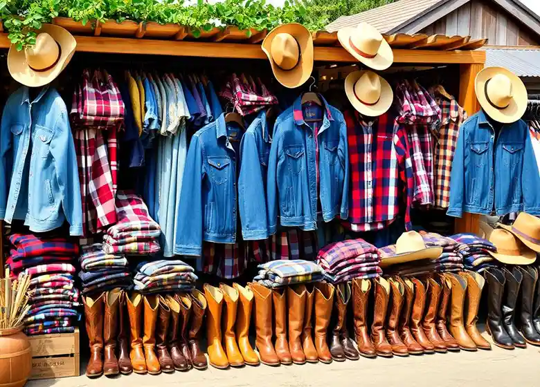 Roupas e acessórios country dispostos em uma prateleira, destacando o estilo e a tradição rural.