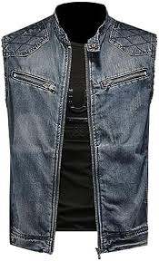 Kinkia Colete jeans masculino vintage, slim fit, sem mangas, zíper, motociclista, caminhoneiro ao ar livre, colete jeans com bolsos, Azul, G | Amazon.com.br