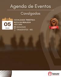 🗓️ De 3 a 5 de abril de 2025, a cidade mineira de Tiradentes, recebe o projeto Cavalgada Temática Rota Caminho da realeza. No caminho, os cavaleiros poderão desfrutar de toda a