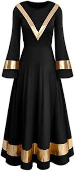 Vestido feminino metálico com gola alta, vestido de dança de louvor, sino colorido de manga comprida, fantasia de adoração litúrgica para igreja, túnica, Black + Gold, X-Small : Amazon.com.br: Moda