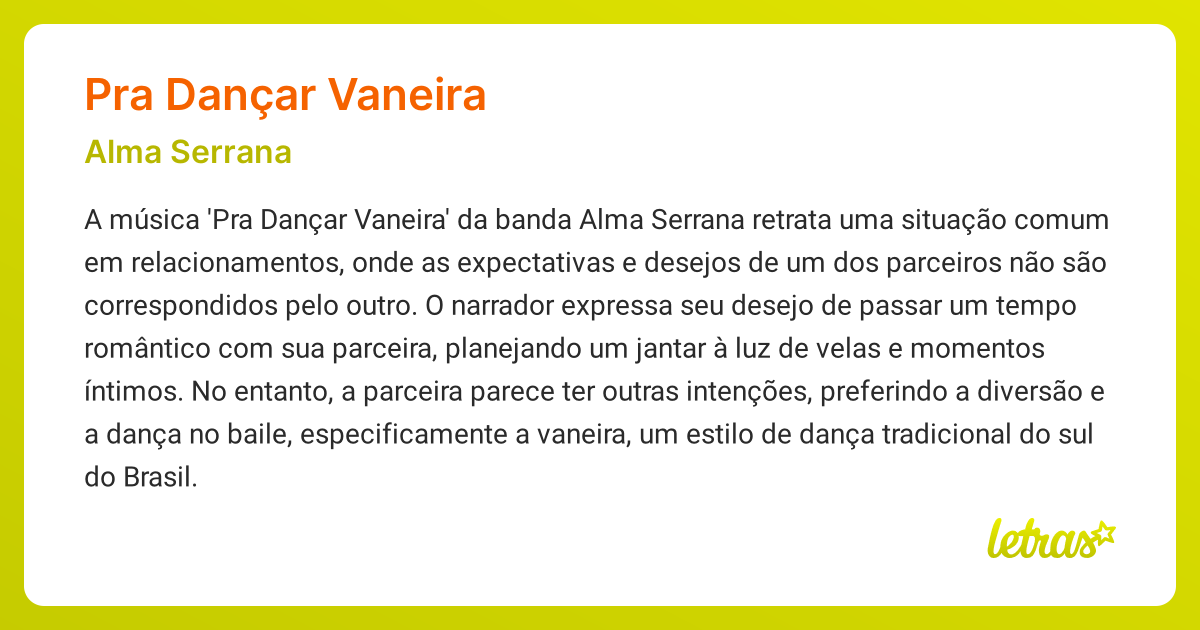 Significado da música PRA DANÇAR VANEIRA (Alma Serrana) - LETRAS.MUS.BR