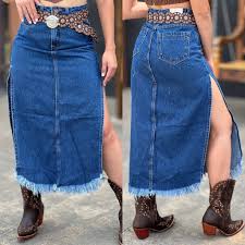 Saia Consciência Jeans Longa Com Abertura Lateral E Barra Desfiada - 23002 (38)