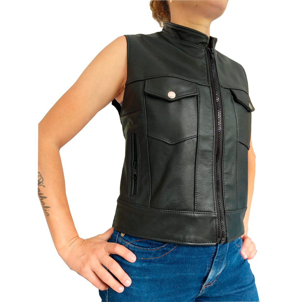 Colete Motociclista Feminino De Couro Liso Sons Of Anarchy