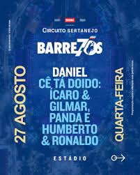 A quarta, 27 de agosto promete! É dia de emoção, clássicos e novos talentos na 70ª Festa do Peão de Barretos. 🎤 No Palco Estádio: o ícone Daniel emociona com seus sucessos