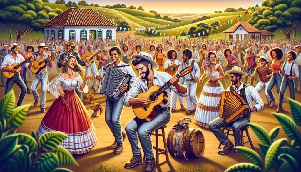 Um grupo de amigos se divertindo em uma festa sertaneja, com chapéus de cowboy e violas, rodeados por uma decoração tradicional.