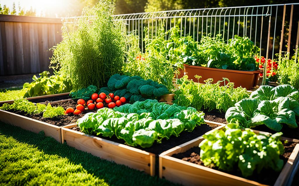 Horta orgânica em um pequeno espaço com plantas variadas e saudáveis