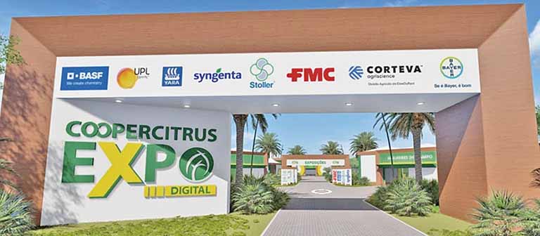 Feira agropecuária com expositores mostrando produtos rurais e visitantes interagindo.