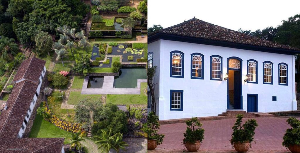 Uma fazenda histórica no interior de São Paulo, ilustrando o charme do agroturismo com vastas plantações e um céu azul.