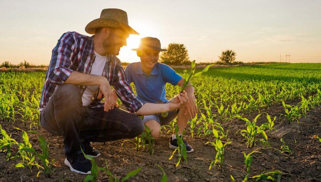 Técnico em agricultura utilizando técnicas de agropecuária sustentáveis em um campo country.