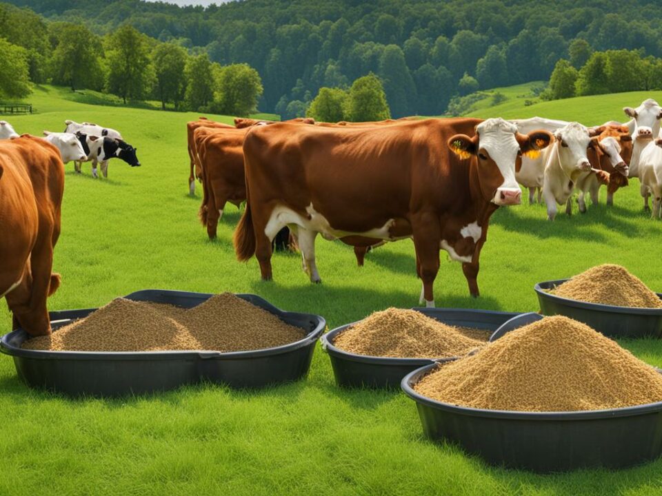 Gado pastando em um campo verdejante sob o sol do campo, simbolizando uma alimentação saudável e adequada para o rebanho.