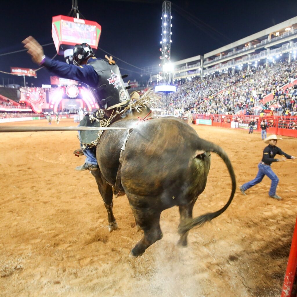 Cavaleiro em traje country participando de um rodeio ao ar livre