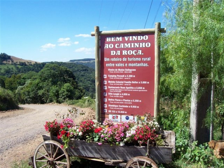 Cenário rural com campos verdejantes e uma estrada de terra, evocando o turismo na roça.