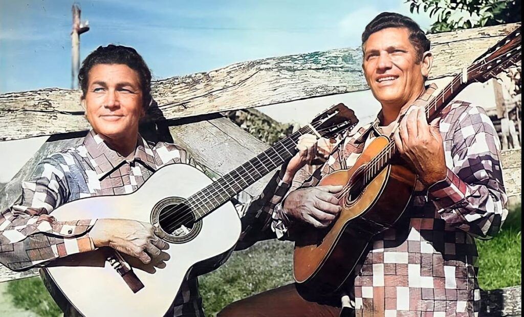 Um violão ao lado de um chapéu de cowboy representando a música sertaneja raiz.