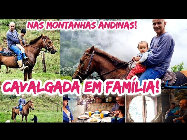 Família em uma cavalgada pelas montanhas andinas