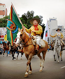 Um grupo de gaúchos se reunindo em uma tradicional festa serrana, vestidos com trajes típicos e rodeados pela beleza da natureza.
