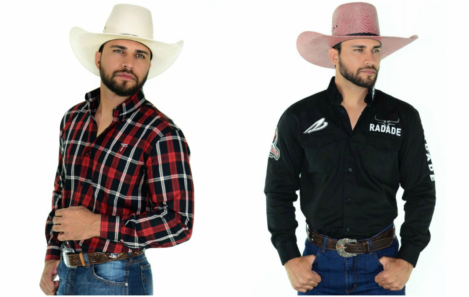 Vestuário de rodeio com estilo country e elementos tradicionais.