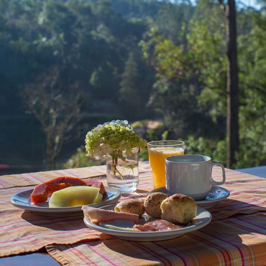 Café da manhã cheio de pratos típicos no campo, com vista para a natureza.