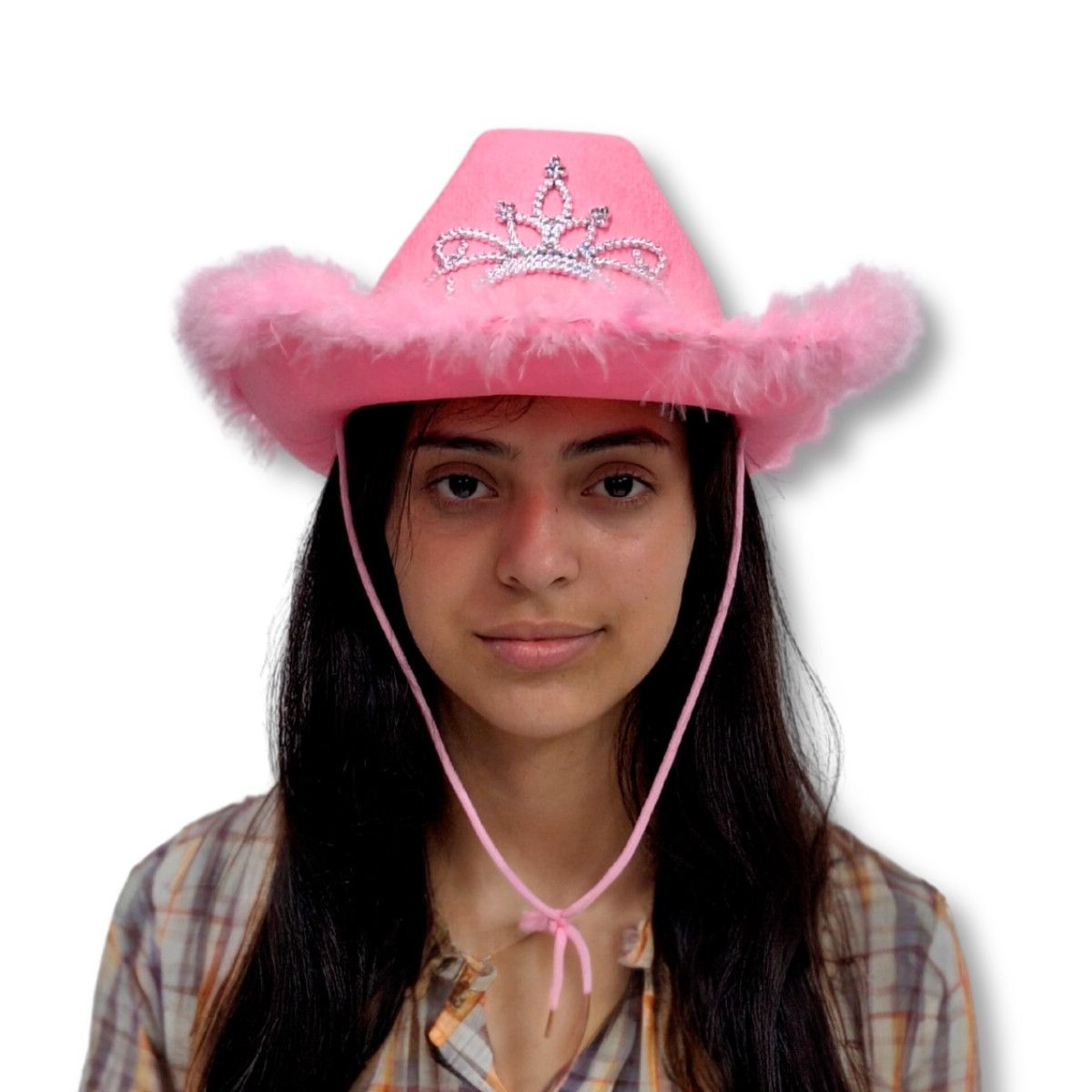 Chapéu country rosa com plumas, ideal para festas e eventos country.