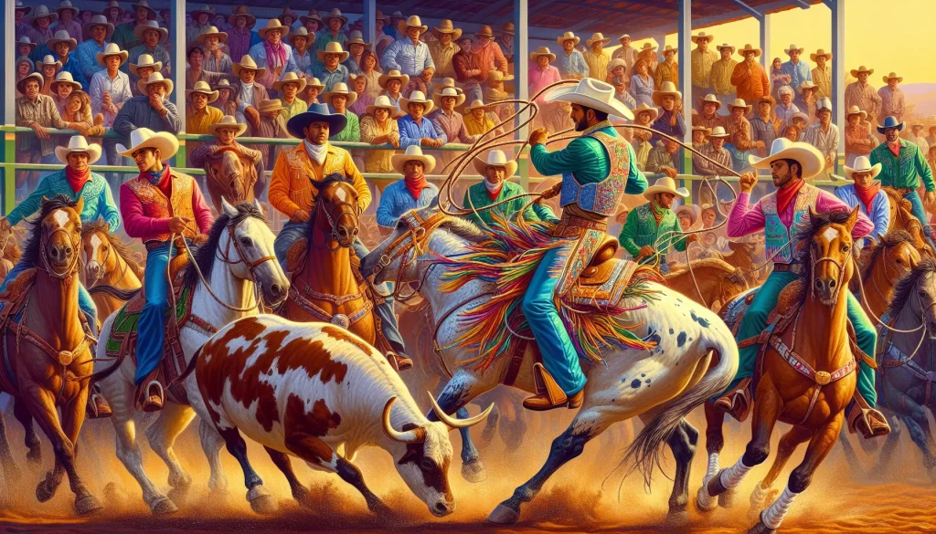 Uma festa sertaneja com danças típicas e pessoas vestindo trajes tradicionais.