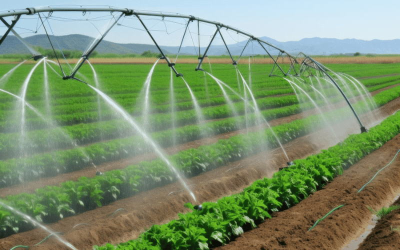 Sistema de irrigação em uma lavoura country com vegetação saudável.
